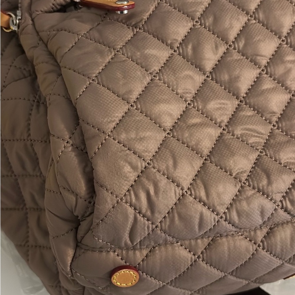 MZ Wallace Quilted Taupe Backpack with Brown Strap and Colorful Pouch - Picture 14 of 14
